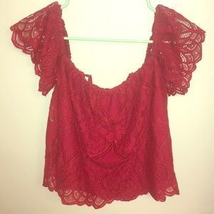 Lace dark red off the shoulder lace crop top! 🍒
